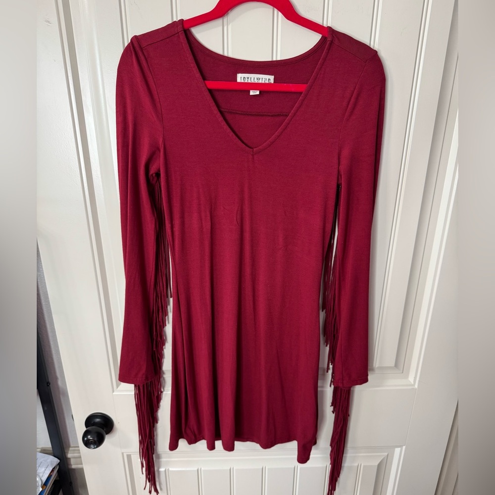 IDYLLWIND 🤠 Burgundy Fringe Long Sleeve Mini Dress (Women’s Size Small) - Picture 3 of 10